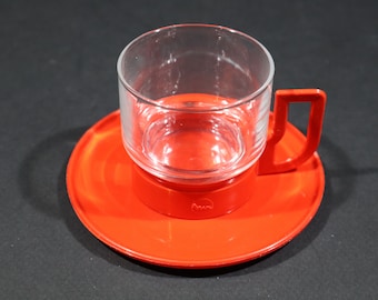 Vintage 1970s Espresso Cup & Saucer set of 6 French Red Kitchen Accessories