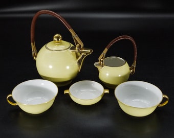 Antique Porcelain Teapot and Cups set with Creamer and Sugar French Yellow Porcelain Tea set Bernardaud & Co. Limoges