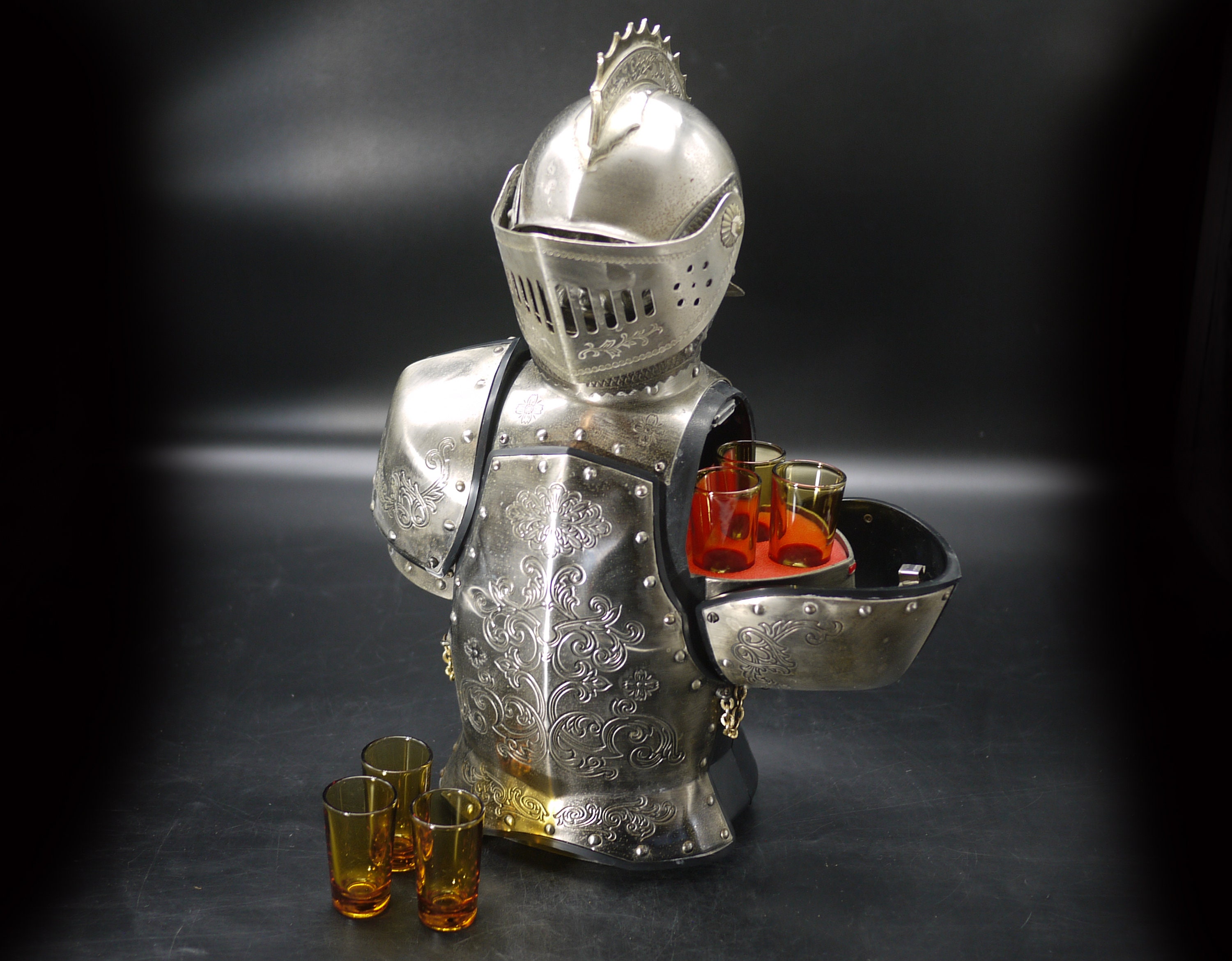 Vintage Knight Bar Set, Amber Glass Decanter & Shot Glasses