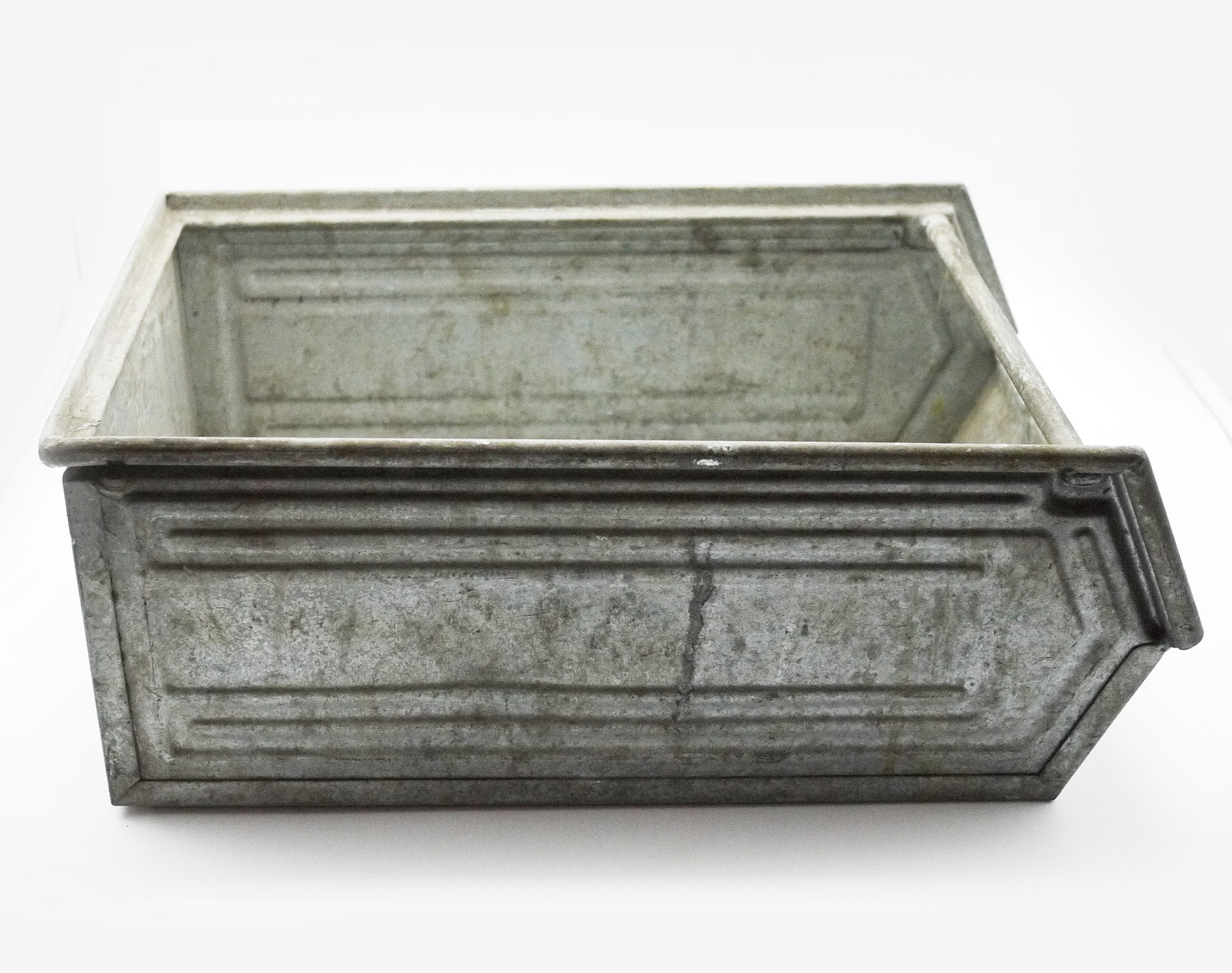 Vintage French ZInc Storage Bin, Galvanized Metal Large Stackable Bin