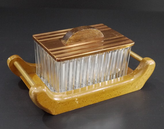 English Art Deco Glass Biscuit Box On Mirror Tray With Gold English Art Deco Glass Biscuit Box On