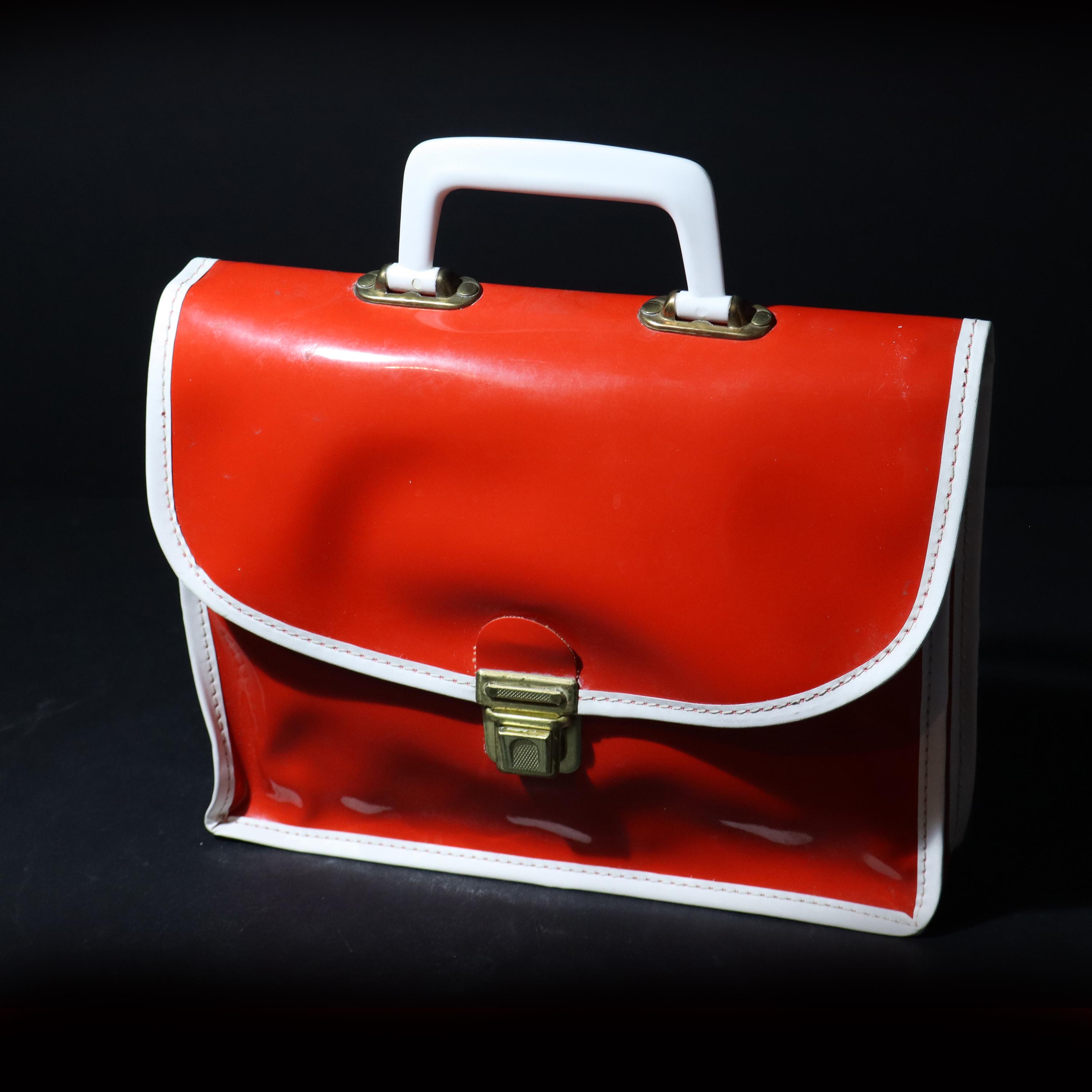 Vintage Red Plastic School Satchel 60s French Red Patent Handbag Retro Fashion
