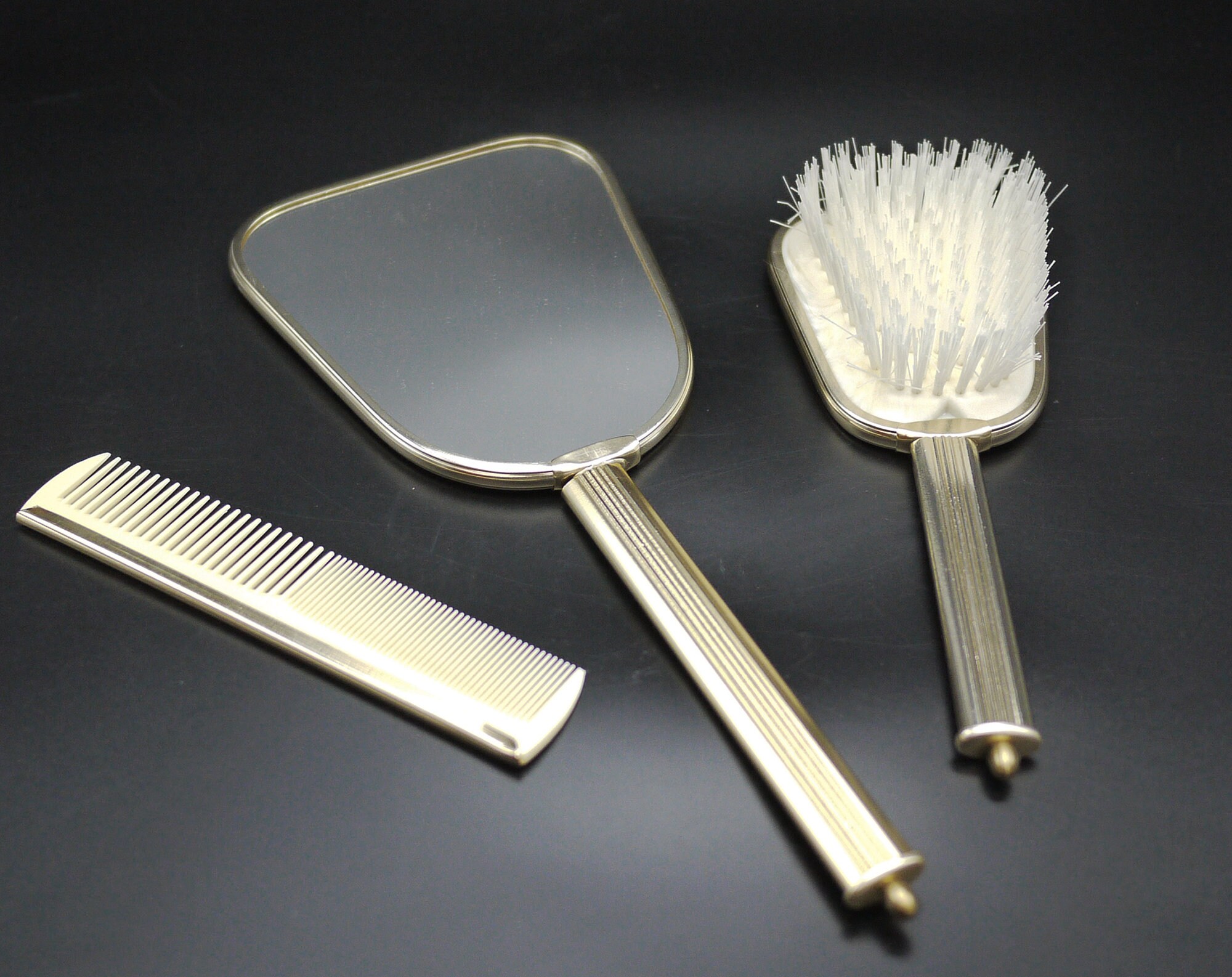 French Hand Mirror Brush Comb Vanity Set, Mid Century Rose Floral