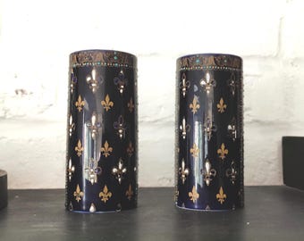 Antique French Gien Small Vase set Fleur de Lis Cobalt Blue Earthenware Matching Vases