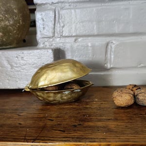 Puede incluir: Un recipiente dorado en forma de concha abierta que contiene nueces. El recipiente está sobre una superficie de madera, con nueces adicionales a la derecha. Una pared de ladrillos blancos está al fondo.