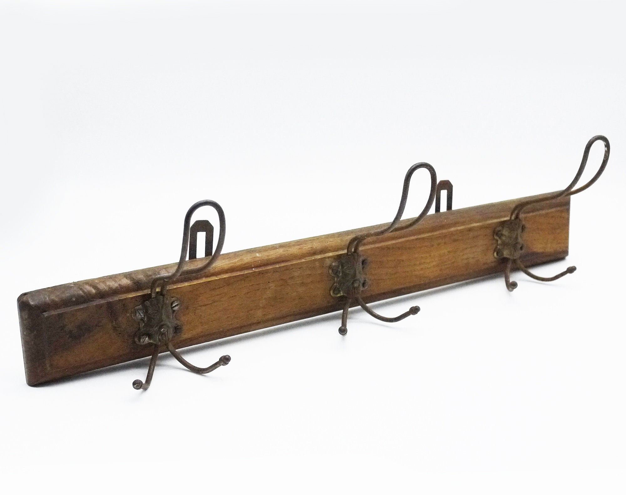 French Coat Rack, Wood and Wire Coat Hooks, 1950s Rustic Entrance Hall