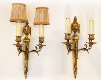 Pair of French Gilt Bronze Wall Mounted Sconces Louis XV Style Wall Lights with Lampshades