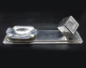 French Art Deco Chromed Steel Ashtray Sculptural Dice Metal Statue Desk Paperweight