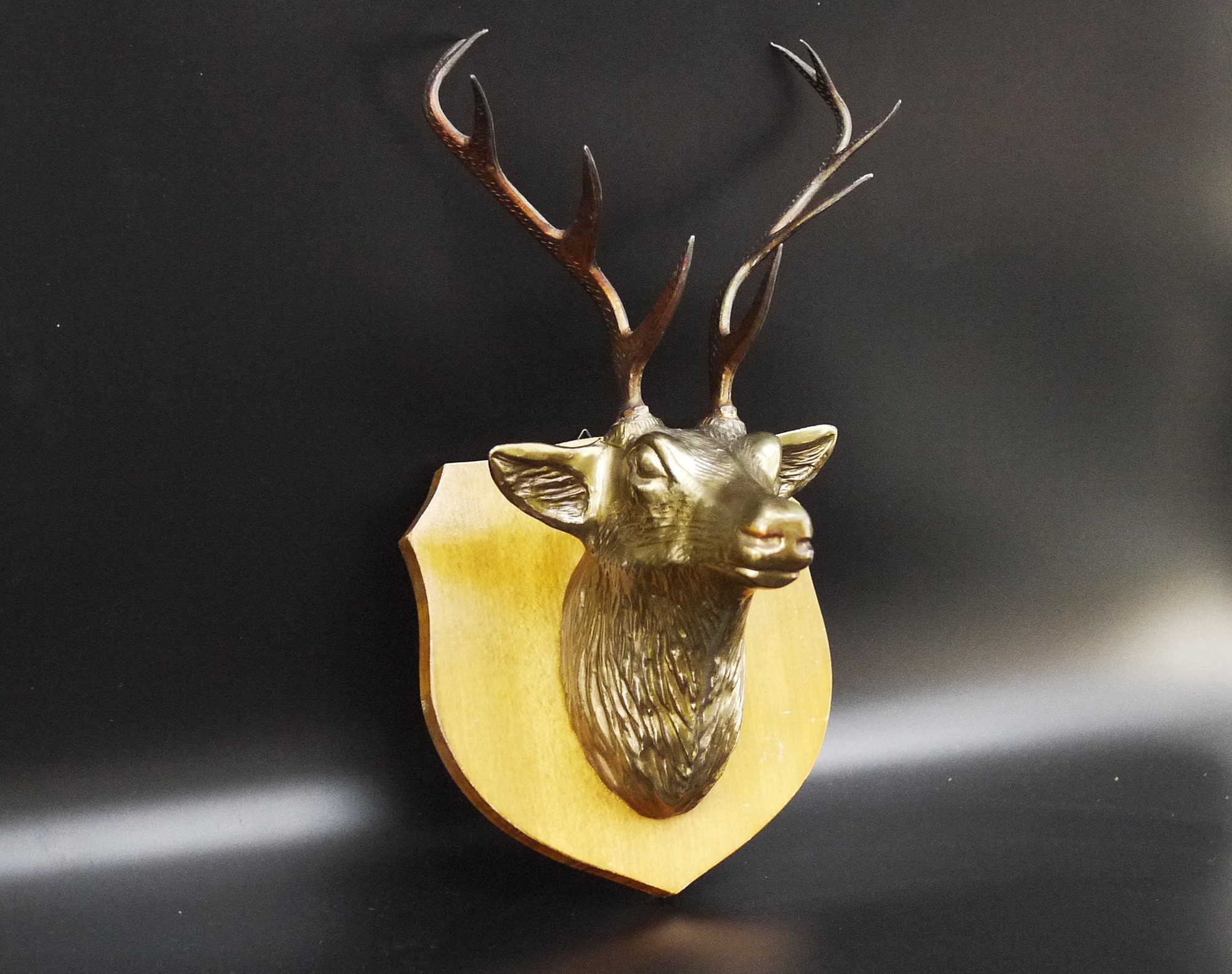 Vintage Gold Brass Deer Head Sculpture, Rustic Lodge Decor, French Faux
