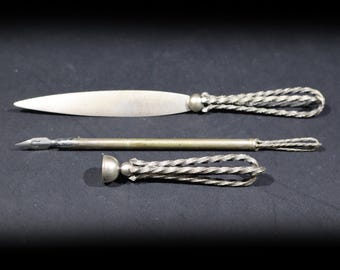 Antique French Wax Seal Stamp Letter Opener and Dip Pen, Art Nouveau Metal Desk Writing set Boxed