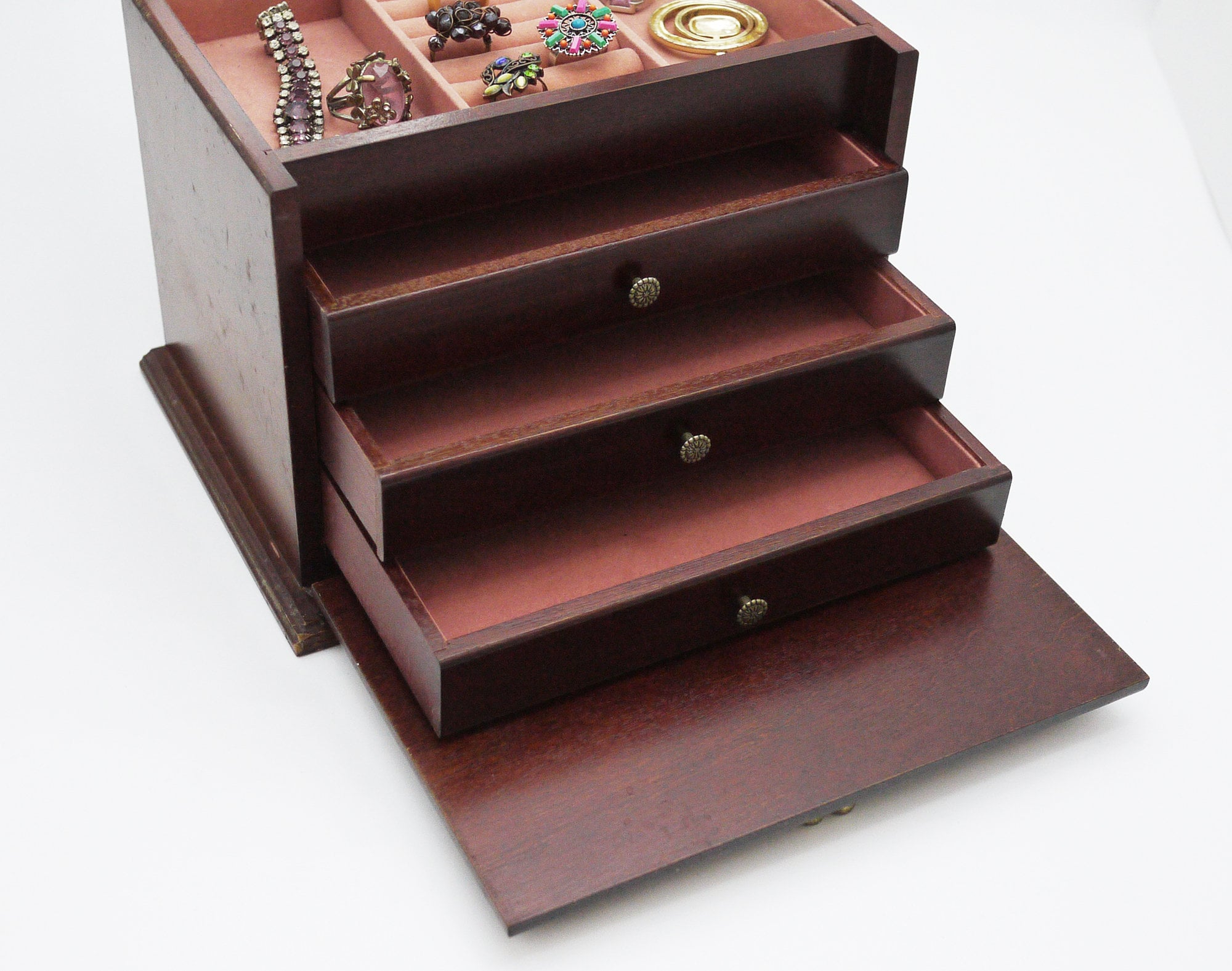 French Wood Jewelry Chest of Drawers with Mirror and Handle Vintage