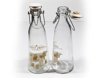 Antique Glass Milk Bottle French Glass Dairy Cow Bottle Lait Frais