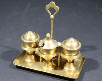 French Condiment Server set Rustic Brass Salt Pepper Mustard Pot with Caddy Vintage Kitchen Accessories