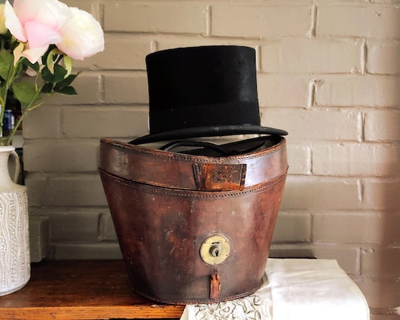 Antique Black Silk Top Hat with Leather Storage Box, Tress & Co London