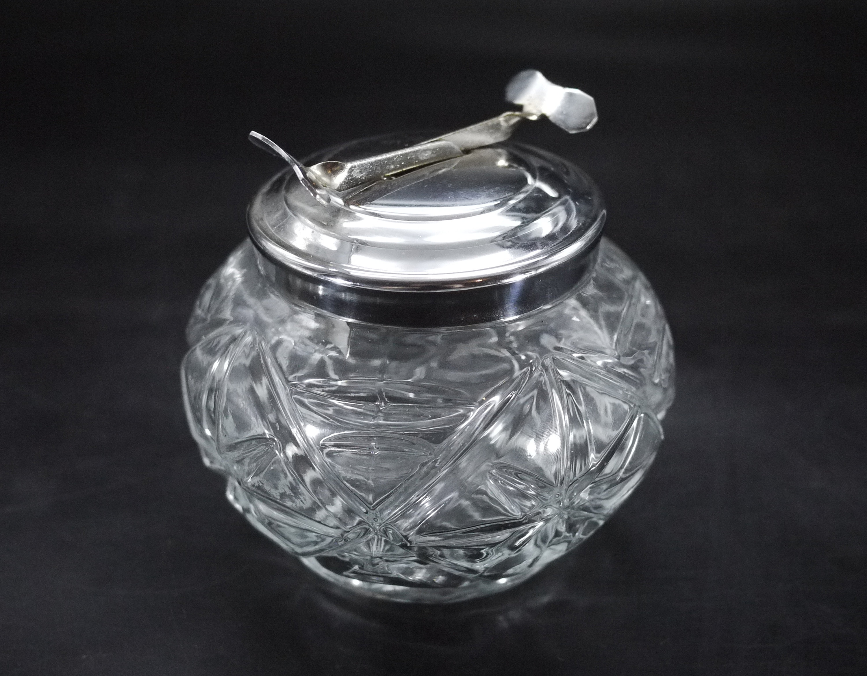 Vintage French Glass Sugar Bowl With Built in Tongs