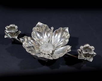 Vintage Silver Tone Flower Petal Ashtray Metal Sculpture Lily Candlestick Holders