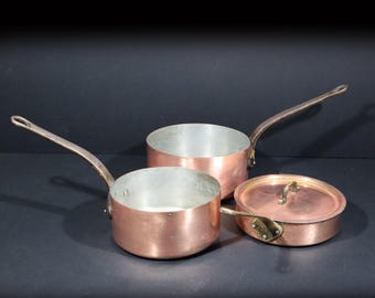 French Antique Copper Cookware set Tinned Copper Saucepans and Saute Pan with Forged Handles
