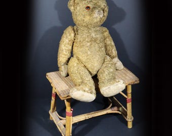 Antique French Teddy Bear Mohair Plush Toy with Glass Eyes Old Souvenir Toy