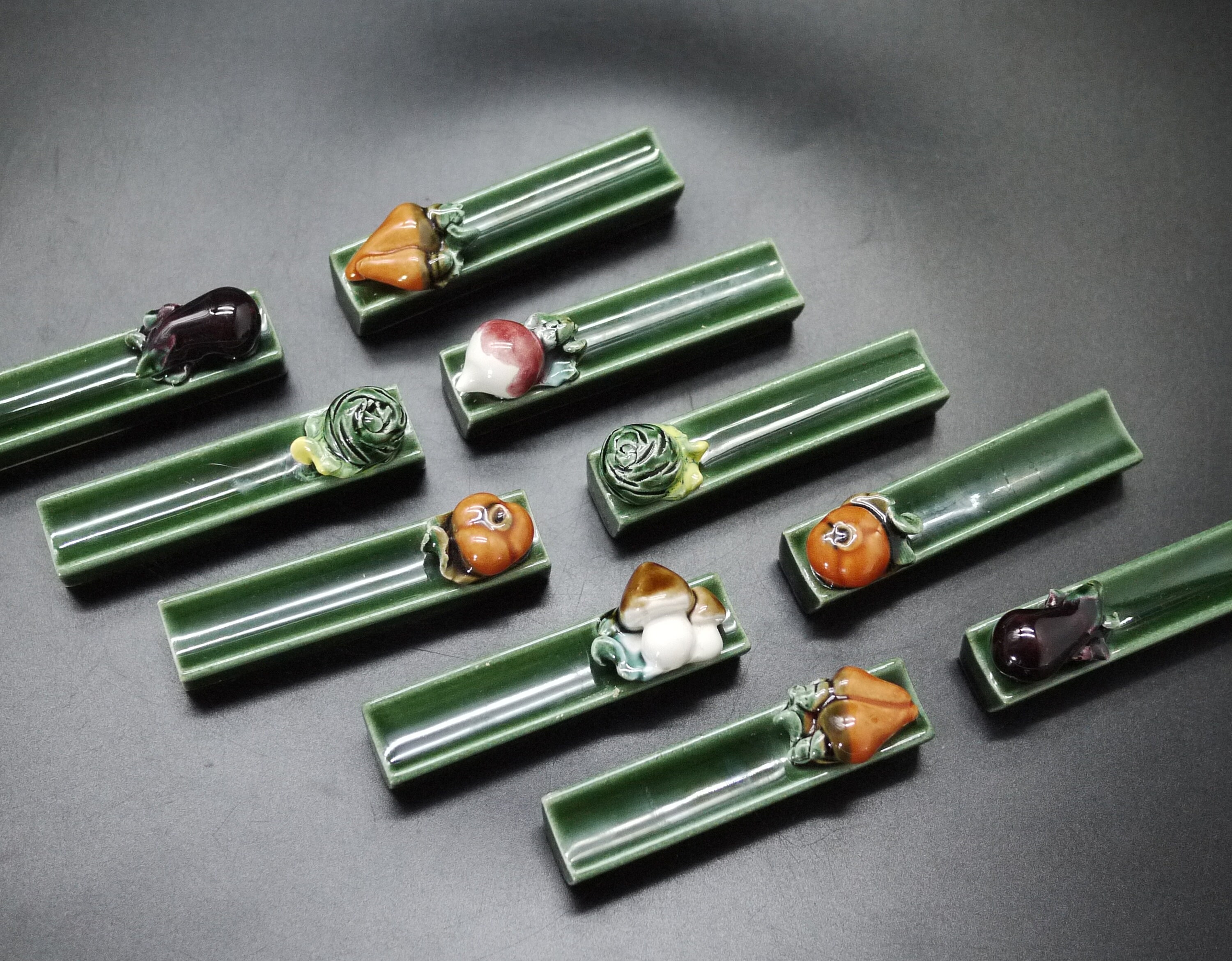 French Majolica Vegetables Knife Rests, Set of 10 Glazed Ceramic