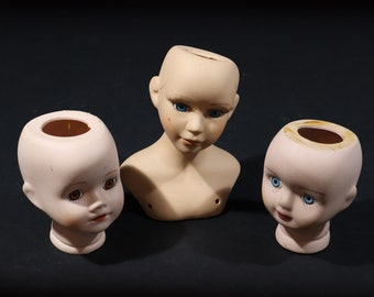 Vintage Porcelain Doll Heads Set of 3 French Doll Parts, Bisque Heads Crafts Supplies