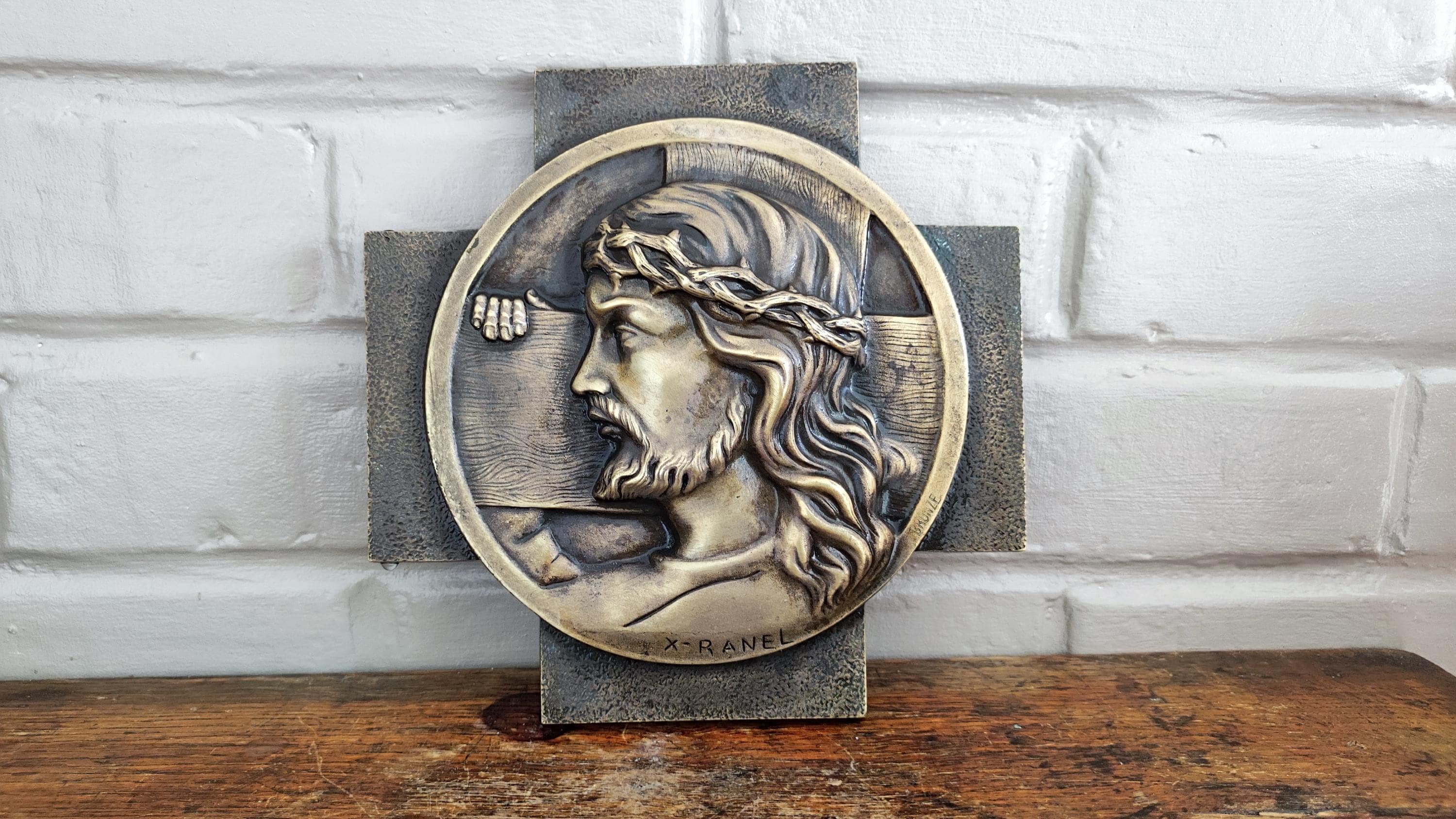 Antique French Bronze Sculpture Jesus Christ Portrait Wall Plaque