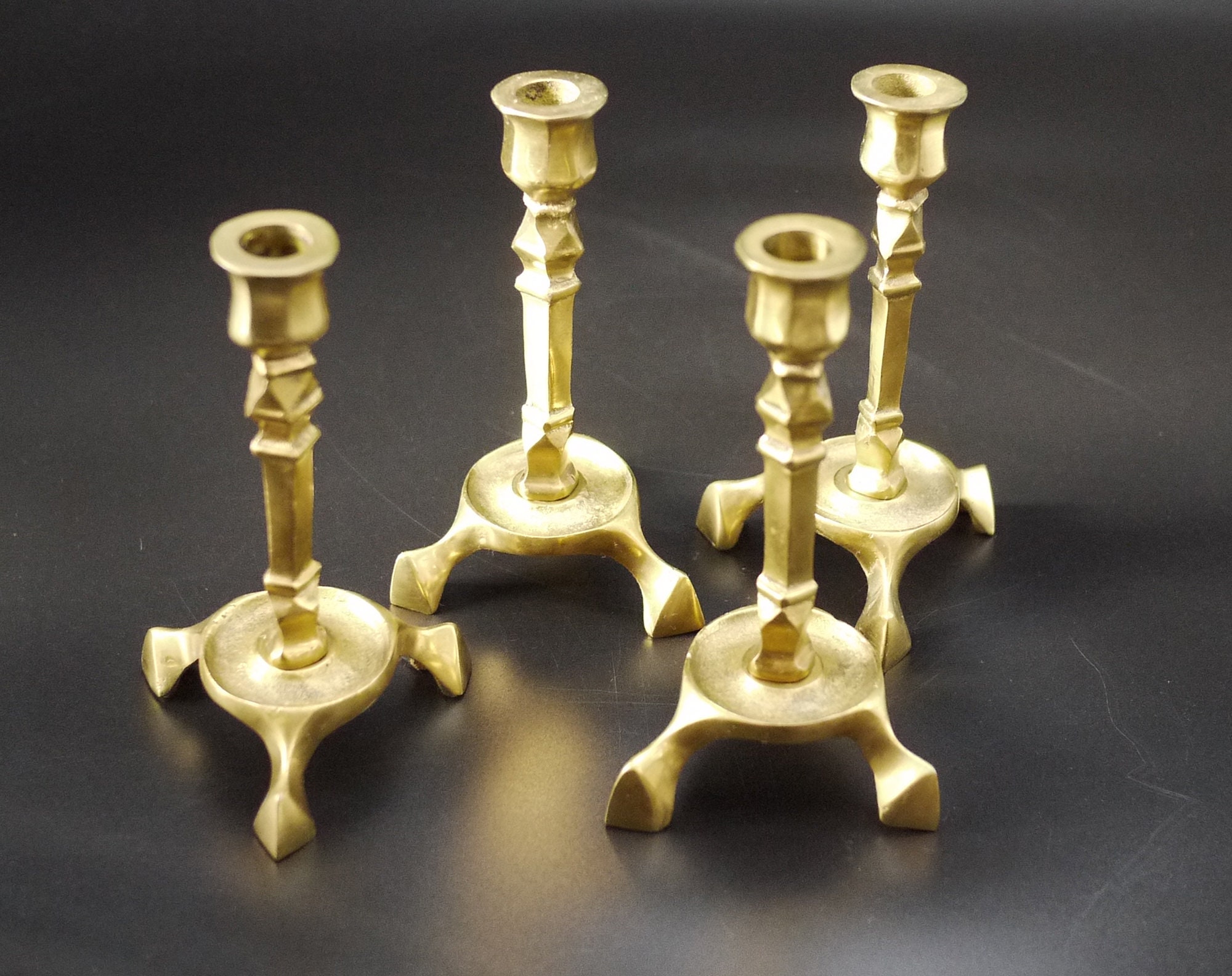 Antique French Brass Candlestick, Brass Tripod Candle Holders Set