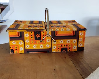French Vintage 1970s Sewing Tool Basket Retro Fabric Box