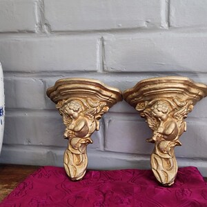 Antique Italian Cherub Wall Sconce Shelf, Gilded Plaster Pair Corbels image 13