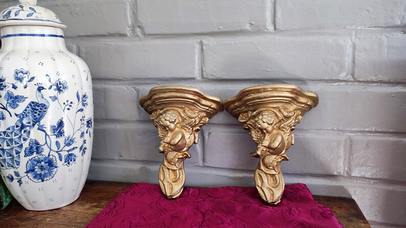Antique Italian Cherub Wall Sconce Shelf, Gilded Plaster Pair Corbels image 13
