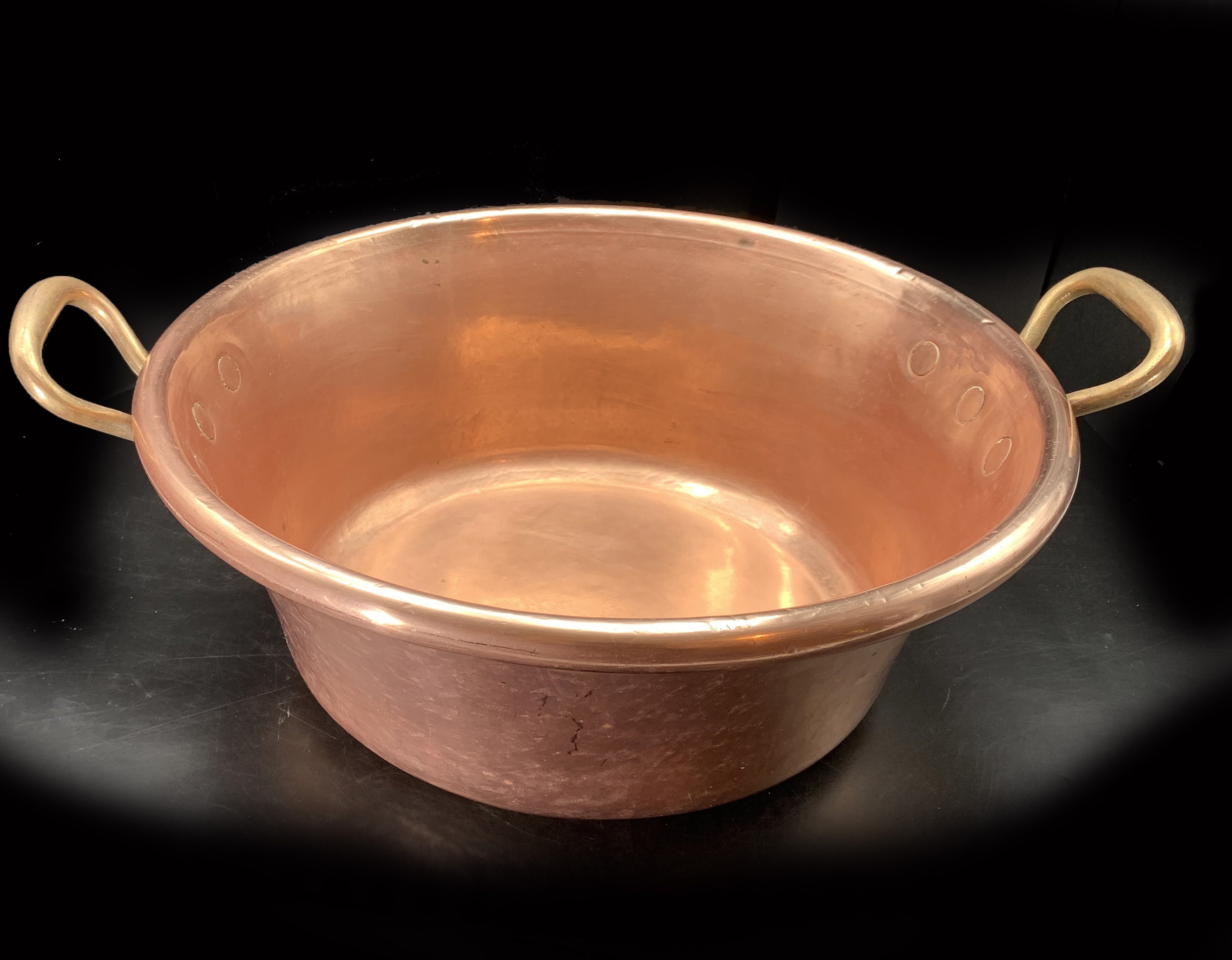 French Large Copper Jam Pan With Cast Brass Handles