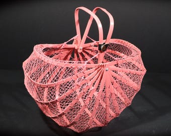 Japanese Collapsible Pink Basket Vintage Bamboo Handbag Retro Fashion Display