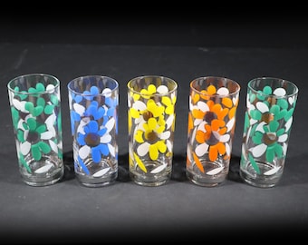 French 70s Pop Art Drink Glass set of 5 Vintage Floral Tumblers Flower Power Barware