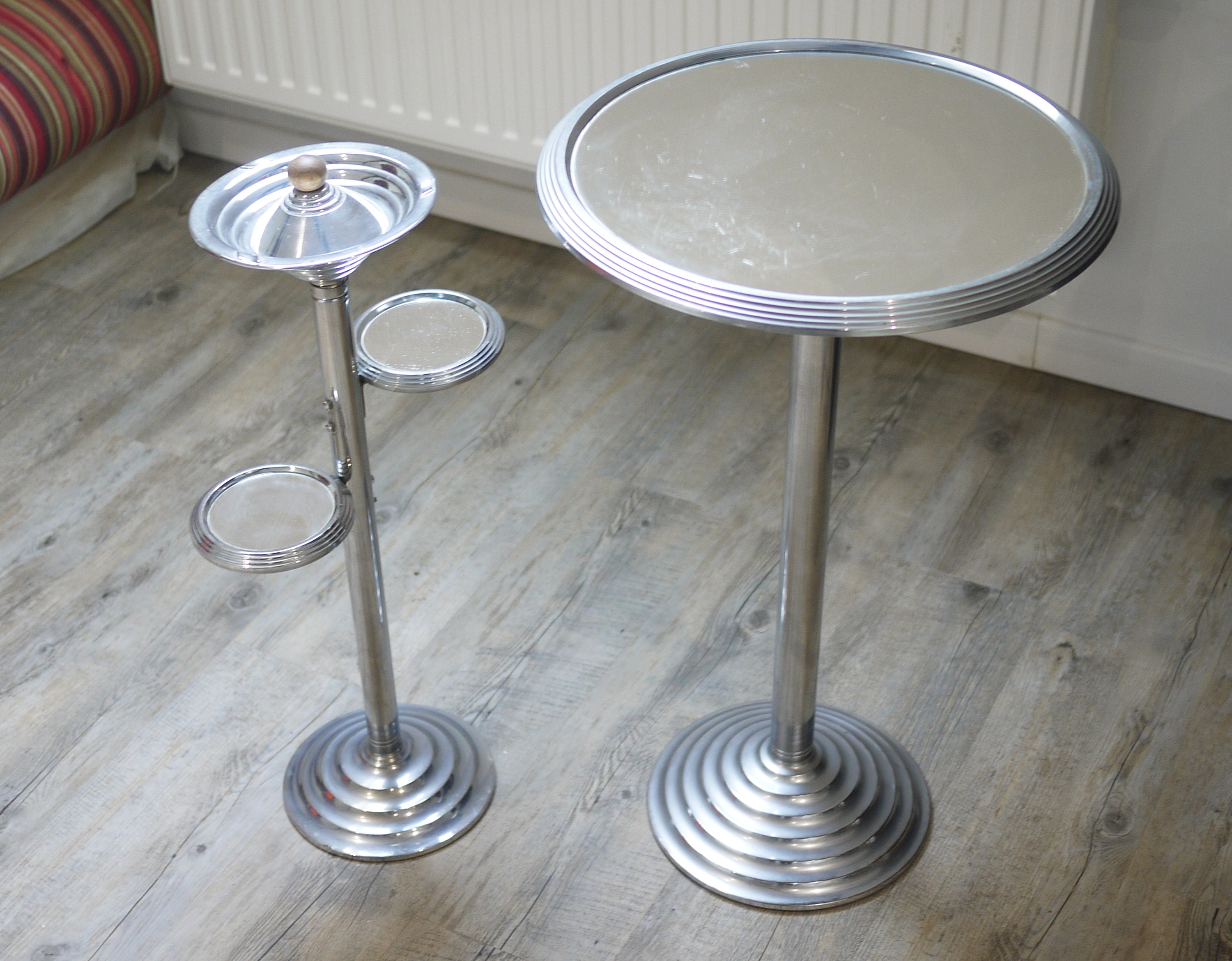 French Art Deco Chrome Ash Stand & Mirrored Table