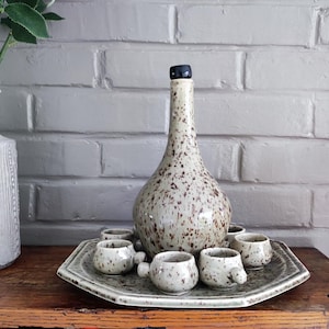 Può includere: Una caraffa in ceramica con tappo nero e piccole tazze abbinate su un vassoio. La caraffa e le tazze hanno una finitura maculata bianco sporco. Un vaso strutturato con verde è a sinistra.