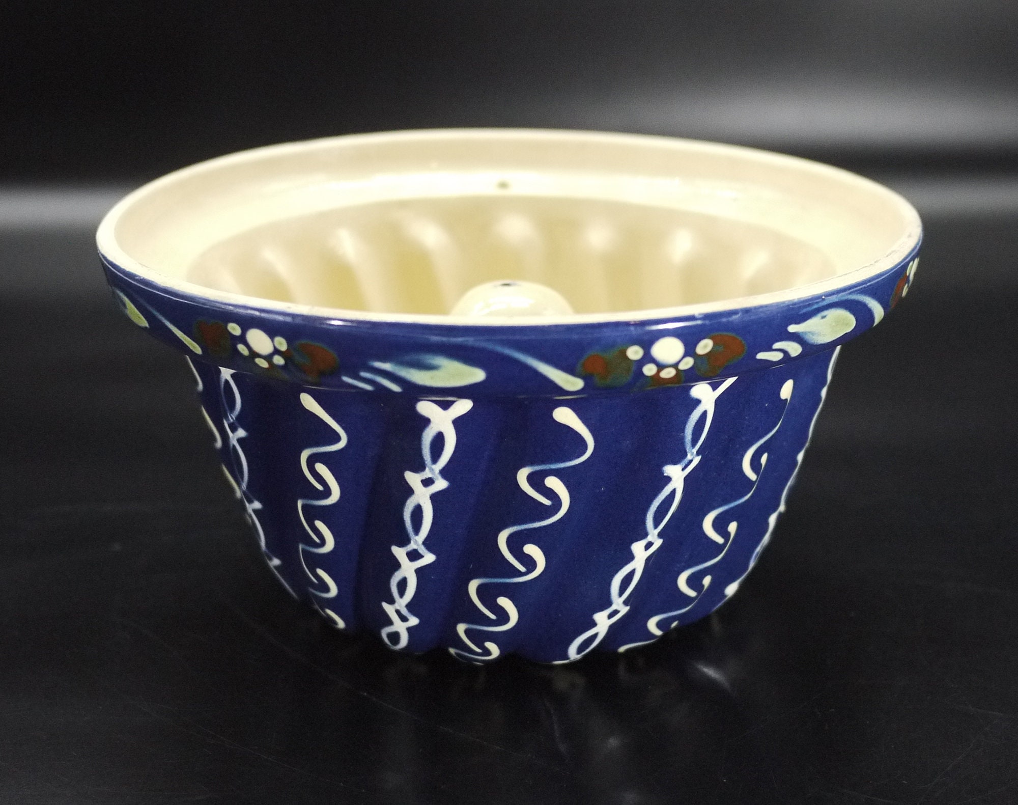 French Vintage Kugelhopf Pottery Bundt Pan, Alsatian Hand Painted