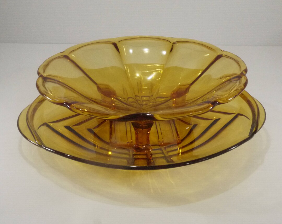 Art Deco Amber Glass Fruit Bowl and Platter Set Etsy