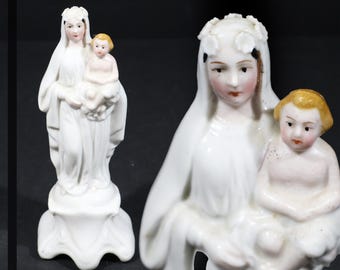 Antique Porcelain Virgin Mary Statue French Vintage Small Madonna with Infant Jesus Christ Religious Figurine