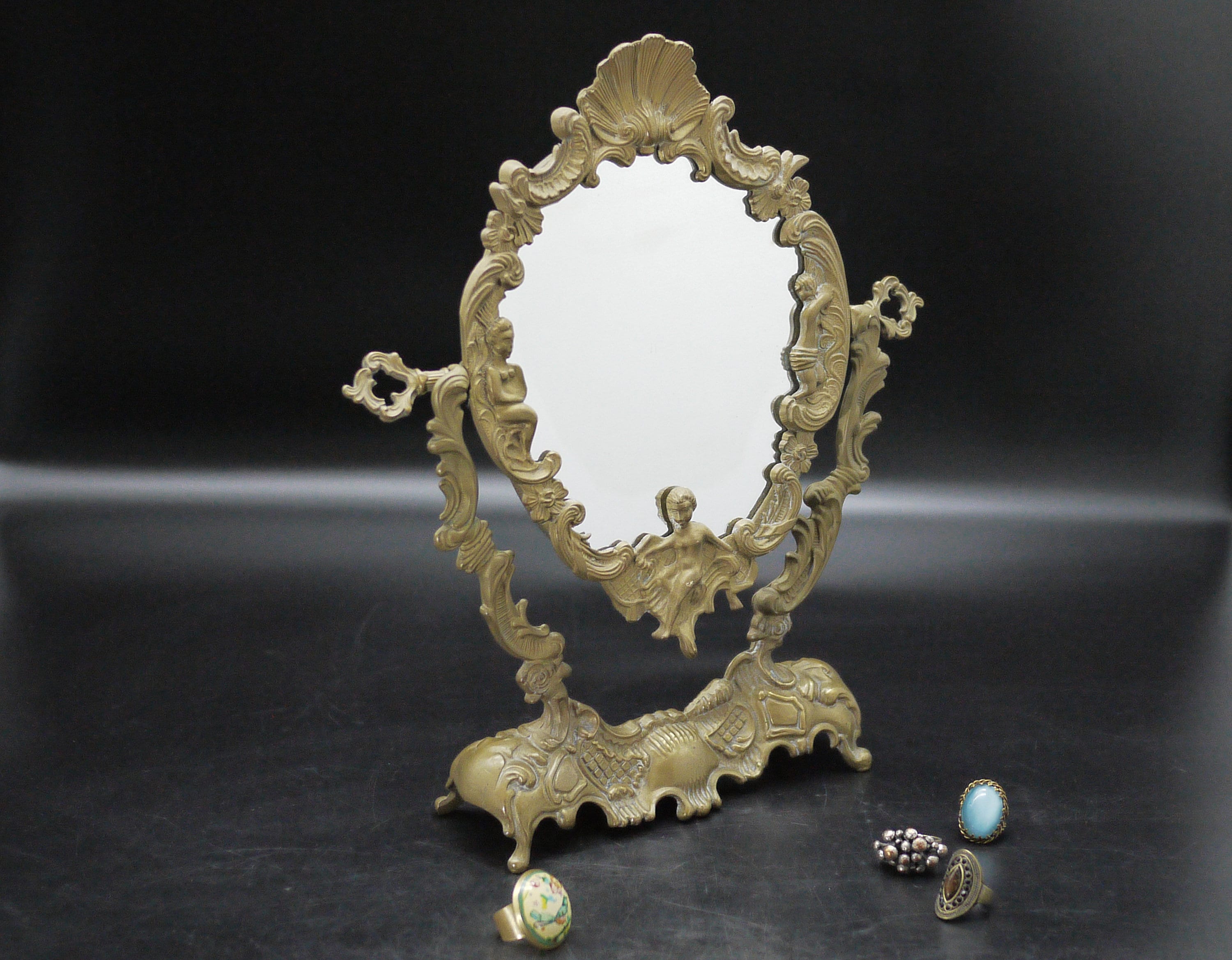 French Brass Vanity Mirror with Cherubs Vintage Tilting Dresser Mirror