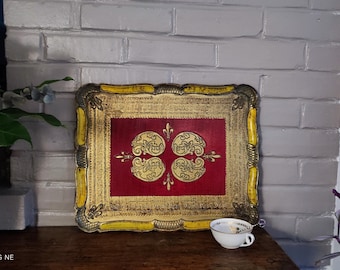 Stort rektangulärt florentinskt dryckesbricka i harts med barockdekor, italiensk soffbordsdekor