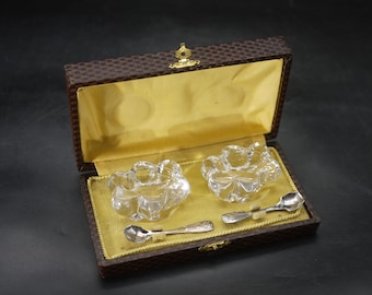 Vintage Boxed Salt Cellars French Daum Crystal Open Salt set with Spoons