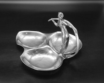 Art Nouveau Pewter Lady Serving Tray Divided Fruit Bowl Nymph Centerpiece