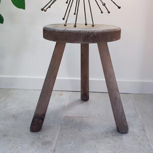 Rustic Folk Art Wood Stool, Antique French Side Table Perriand Style