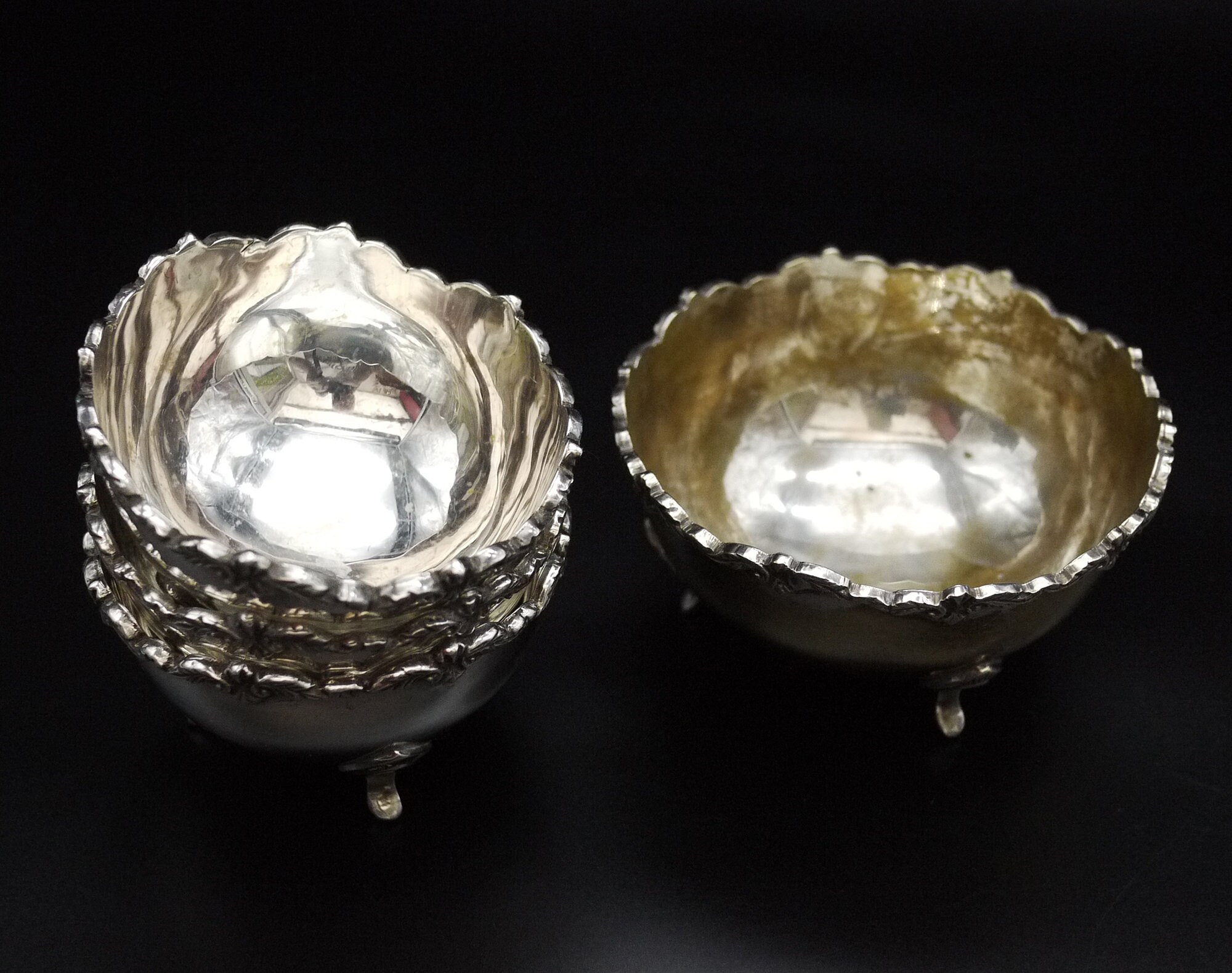 French Silver Nut Bowls Set of 4, Antique Ornate Silver Footed Candy Dishes