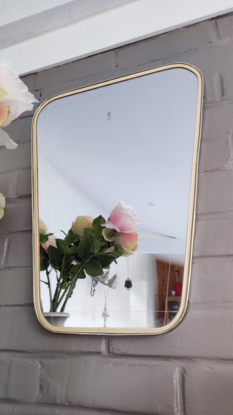 French Asymmetric Brass Wall Mirror, 1960s Rockabilly Decor image 8