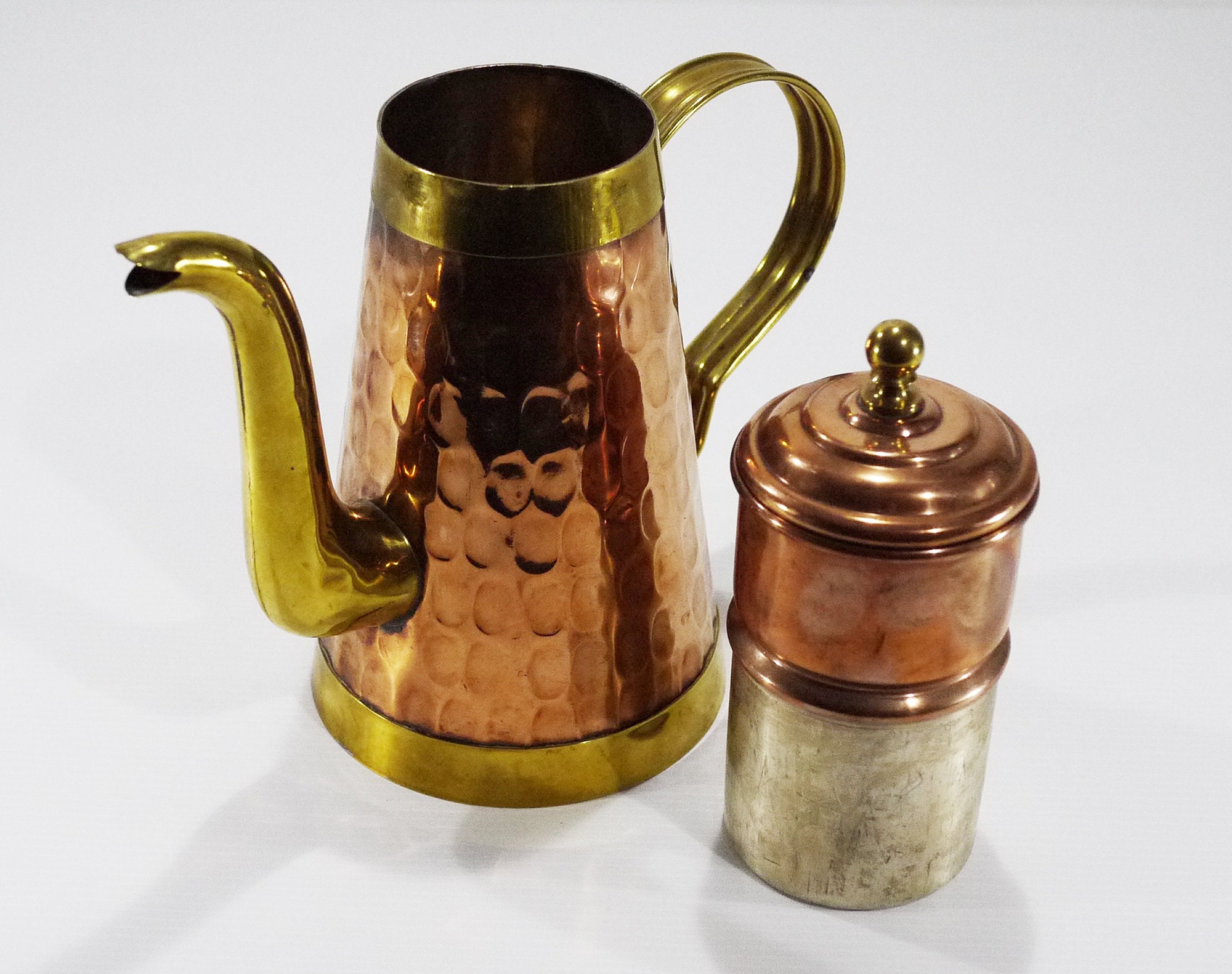 French Vintage Copper and Brass Coffee Maker with Dripper