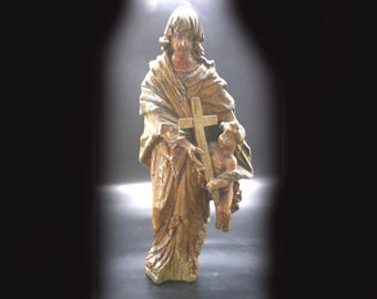 Antique Virgin Mary Statue with Child Carved Wooden Infant Jesus Christ with Madonna