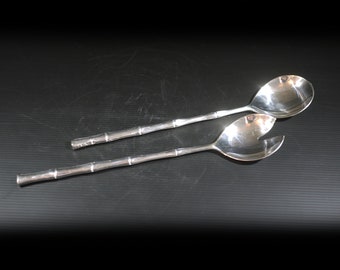 Silver Plated Mid Century Salad Serving set Bamboo Handle