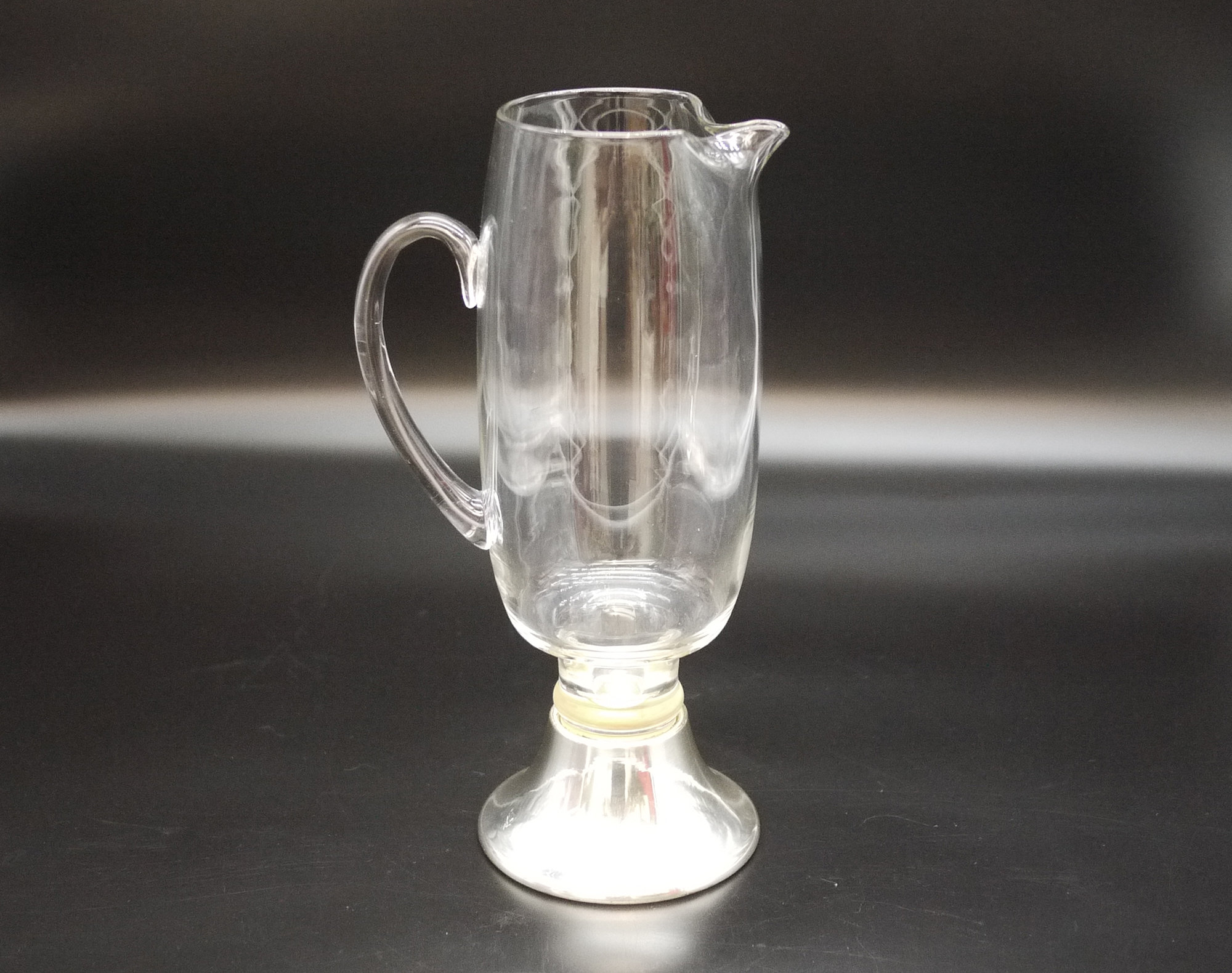 Vintage Italian Glass Pitcher, Blown Glass Jug with Silver Pedestal Foot