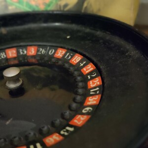 May include: A black roulette wheel featuring a central silver knob and a circular track with alternating red and black numbered segments. The numbers 9, 22, 18, 29, 7, 28, 12, 35, 3, 26, 0, 32, 15, 19, 4, 21, 25, 17, 34, 6, 27, 13, 36 are visible.