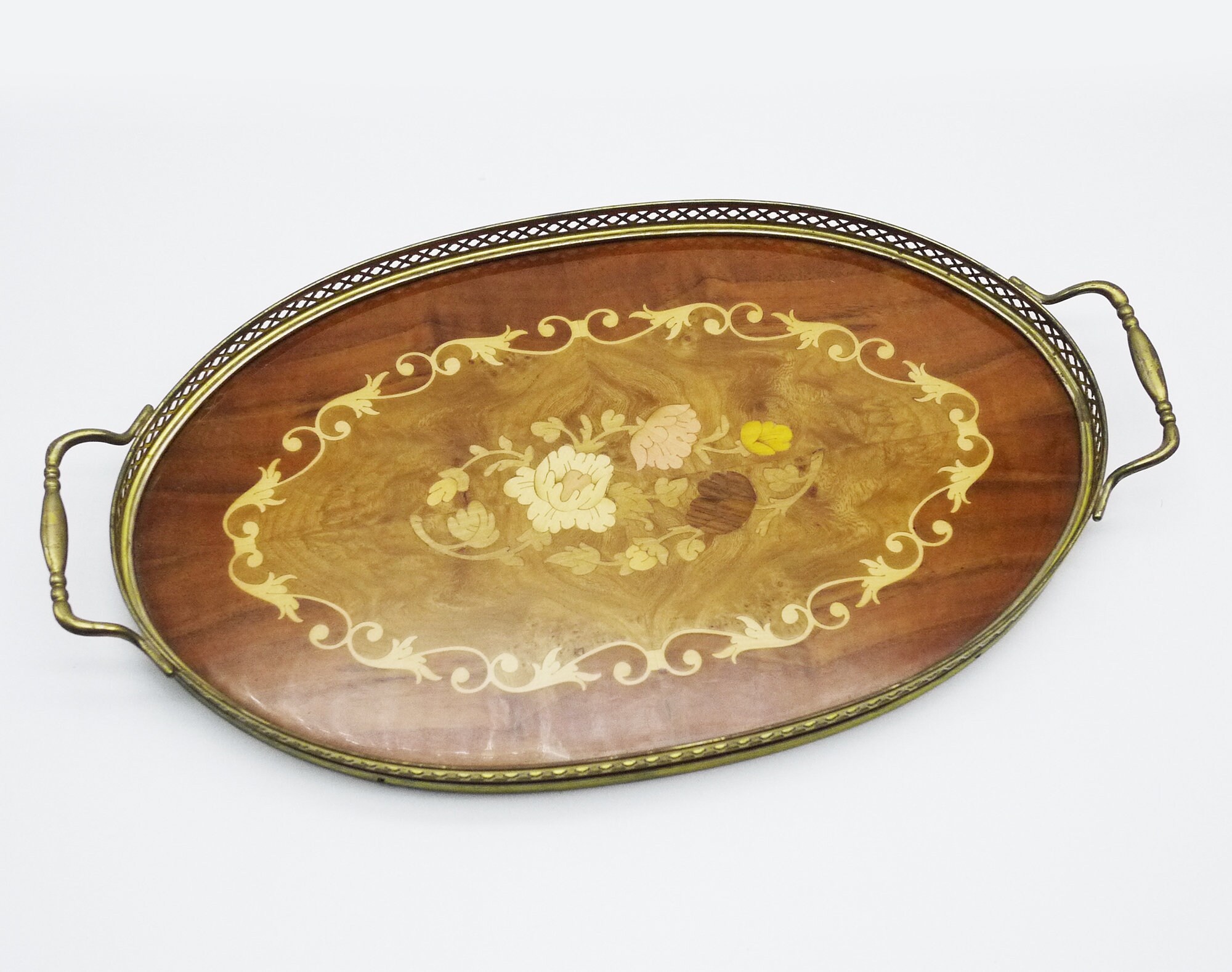 Italian Inlaid Wood Serving Tray, Floral Marquetry